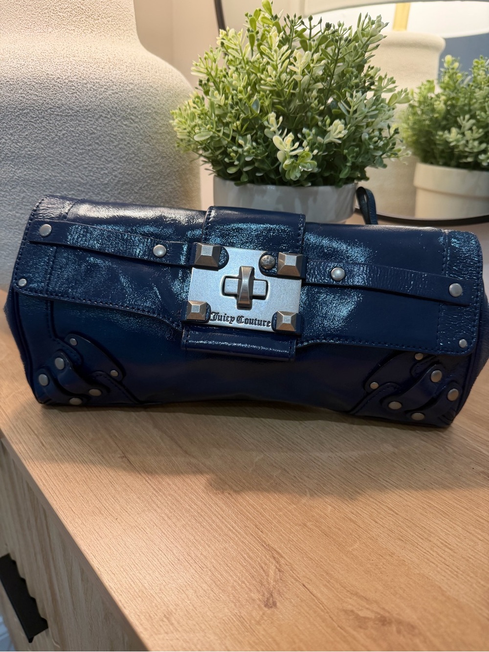 Juicy Couture Vintage Navy Patent Leather Roll Clutch with Silver Hardware